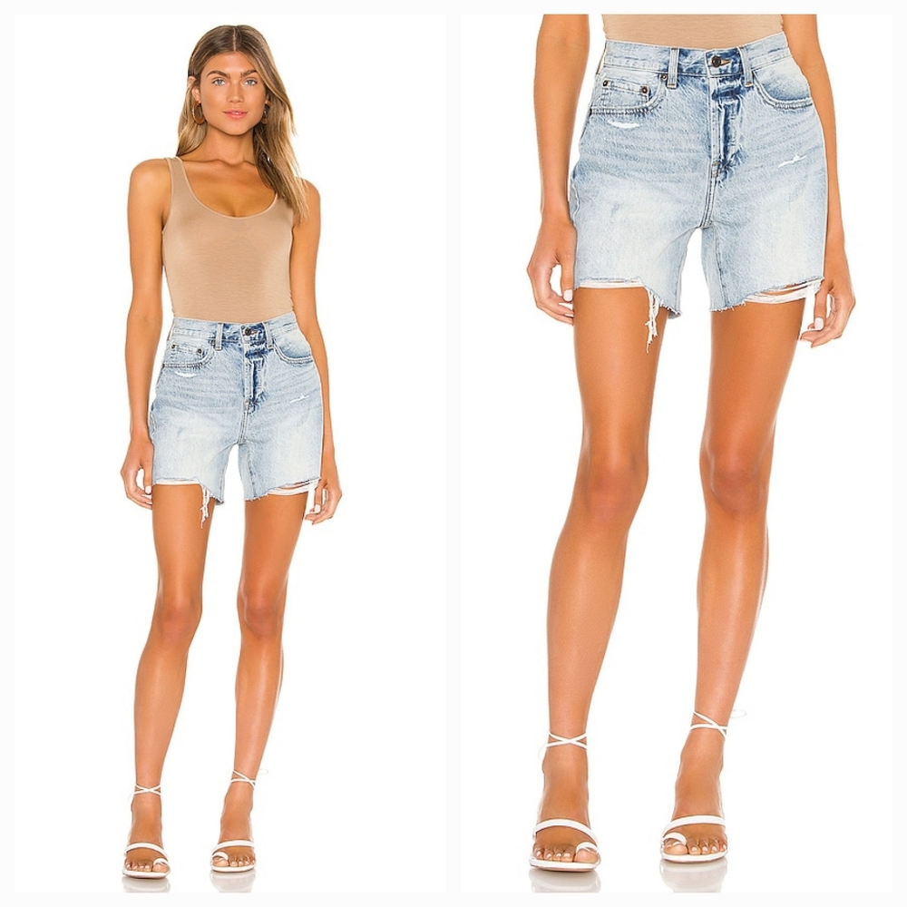 pistola Light Wash Distressed High-Rise Denim Shorts